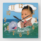 あなたの切り取られた写真および名前のかわいいクジラの時計 スクエア壁時計 (正面)