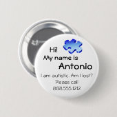 あなたの名前および電話が付いている自閉症の認識度ボタン 缶バッジ (正面&裏面)