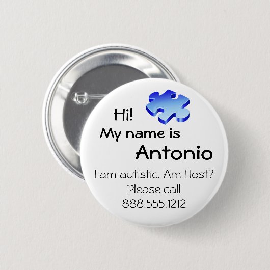 あなたの名前および電話が付いている自閉症の認識度ボタン 缶バッジ (正面&裏面)