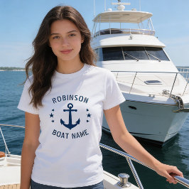 あなたの名前とボートのビンテージ アンカーと星 白とネイビーブルー Tシャツ