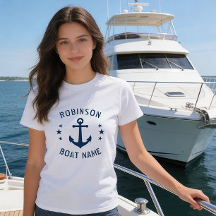 あなたの名前とボートのビンテージ アンカーと星 白とネイビーブルー Tシャツ