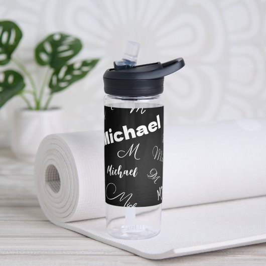 あなたの名前とモノグラムカスタムのパターン黒 ウォーターボトル (ヨガ)