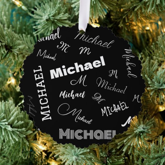 あなたの名前とモノグラムカスタムのパターン黒 オーナメントカード (インサイチュ (木))