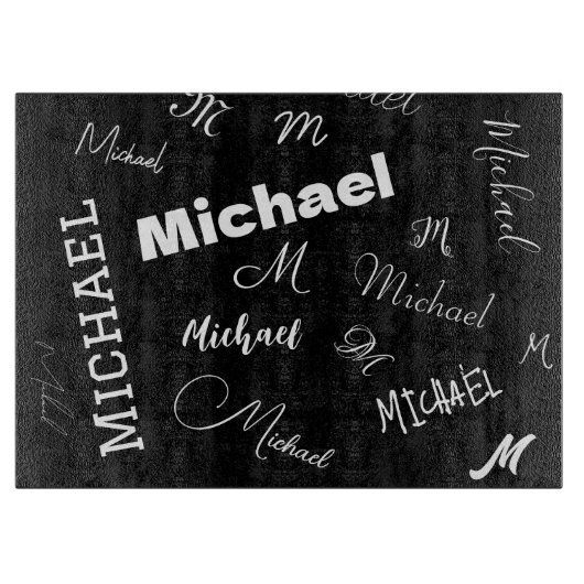 あなたの名前とモノグラムカスタムのパターン黒 カッティングボード (正面)