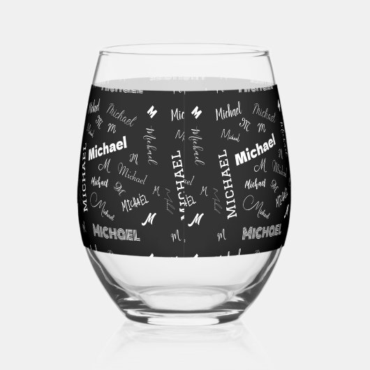 あなたの名前とモノグラムカスタムのパターン黒 ステムなしワイングラス (右)