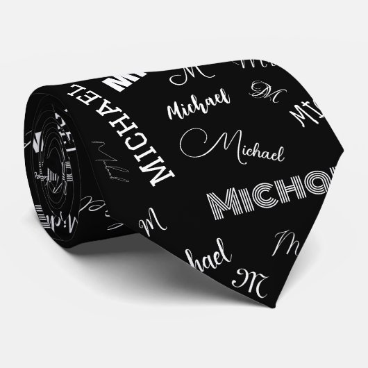あなたの名前とモノグラムカスタムのパターン黒 ネクタイ (ロール)