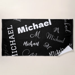 あなたの名前とモノグラムカスタムのパターン黒 ビーチタオル