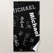 あなたの名前とモノグラムカスタムのパターン黒 ビーチタオル (正面)