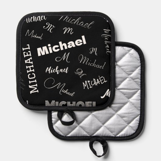 あなたの名前とモノグラムカスタムのパターン黒 鍋敷き (正面/裏面)