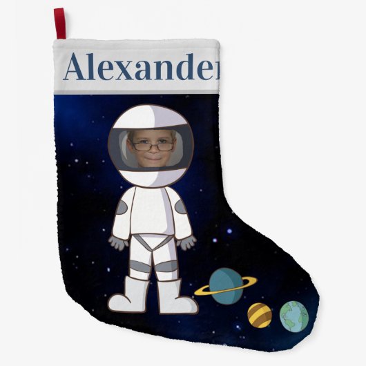 あなたの名前と写真宇宙飛行士の宇宙 ラージクリスマスストッキング (正面)