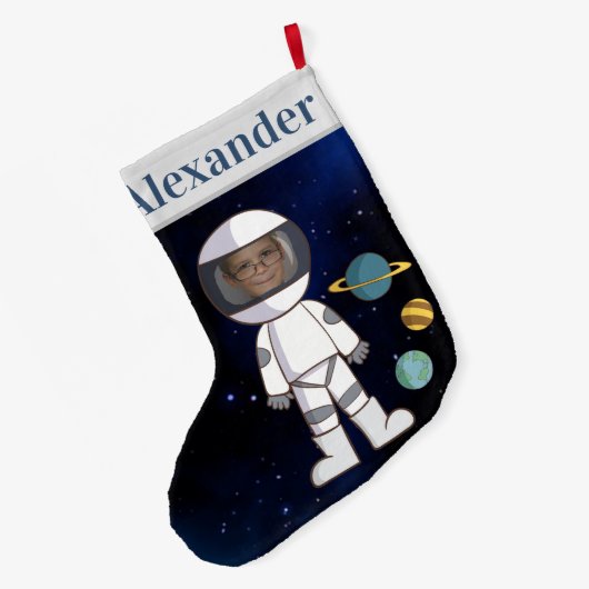 あなたの名前と写真宇宙飛行士の宇宙 ラージクリスマスストッキング (裏面 (吊り時))