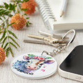 あなたの名前と可愛い牛フローラ水彩農場鍵 キーホルダー (正面右)