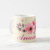 あなたの名前と驚くべきピンクの花 コーヒーマグカップ (正面左)
