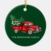 あなたの名前の水の色ヴィンテージ赤トラックの木々緑 セラミックオーナメント (正面)