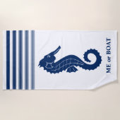 あなたの名前またはボート名シーホース青ストライプの白 ビーチタオル (正面)