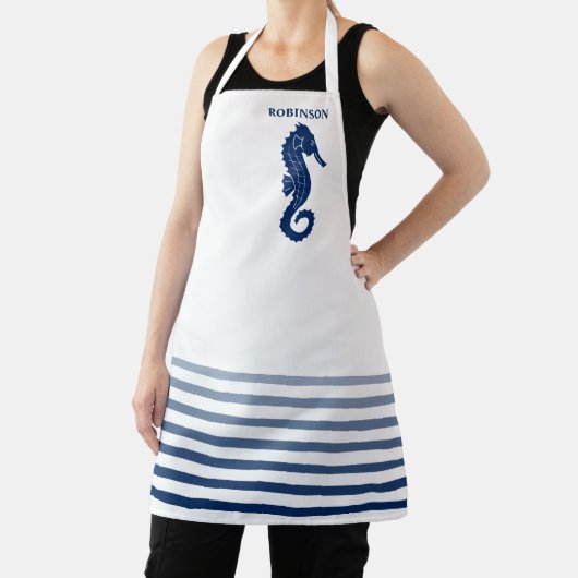 あなたの名前または文字シーホースネイビーブルーホワイトストライプの エプロン (インサイチュ)