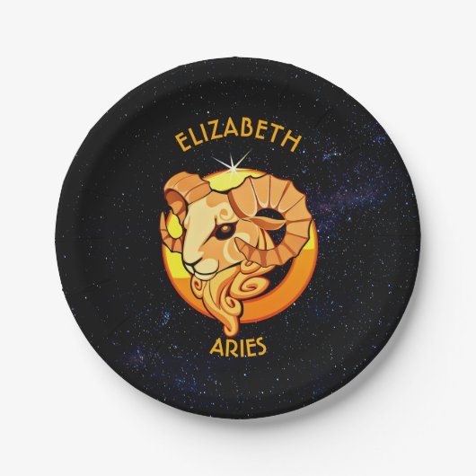 あなたの名前をカスタムするを用いる牡羊座の(占星術の)十二宮図の誕生日の印 ペーパープレート (正面)