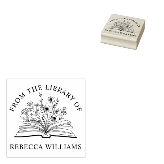 あなたの名前を飾る オープンブック & フラワーズ ライブラリーの印 ラバースタンプ (押印)