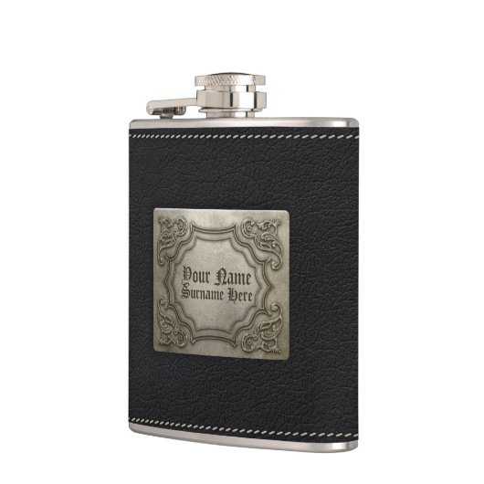 あなたの名前を-フェイクな革及びエンボスの金属加えて下さい フラスク (左)