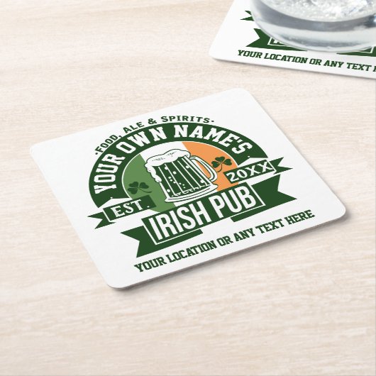 あなたの名前アイリッシュパブ | パーソナライズされたSt patricks day スクエアペーパーコースター (アングル)