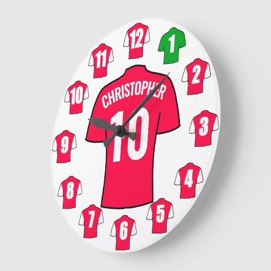 あなたの名前サッカー時計赤と白- ラージ壁時計 (傾斜)