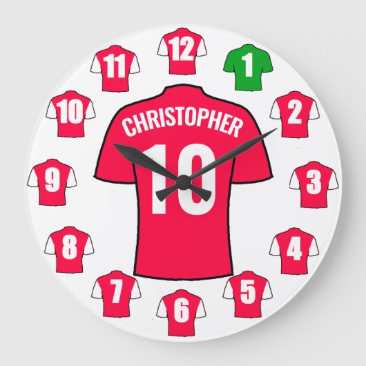 あなたの名前サッカー時計赤と白- ラージ壁時計 (正面)
