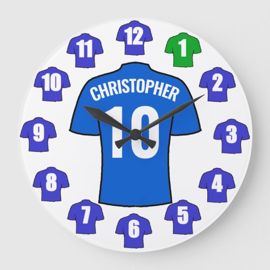 あなたの名前サッカー時計 – 青シャツ ラージ壁時計 (正面)