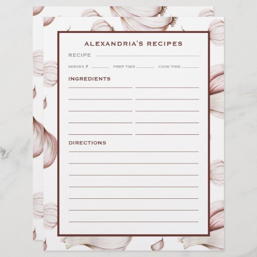 あなたの名前ニンニクレシピバインダーインサート (正面/裏面)