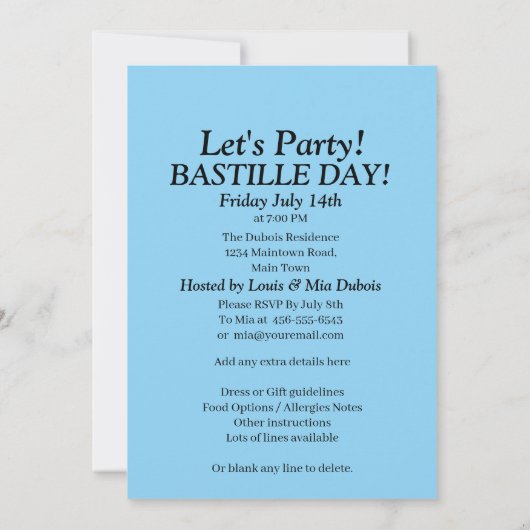 あなたの名前バスティーリデイ7月14日お祝いパーティー 招待状 (裏面)