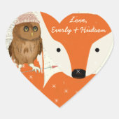あなたの名前フクロウとハットキツネバーンドウッドパターン ハートシール (正面)