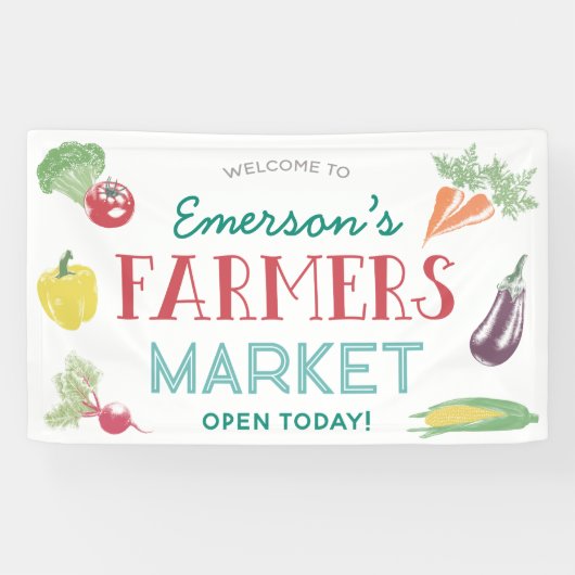 あなたの名前農家市場の誕生日パーティー、任意の年齢 横断幕 (横)