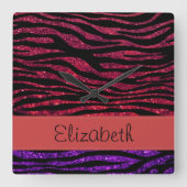 あなたの名前-アニマルプリント、シマウマ、グリッター-紫色 スクエア壁時計 (正面)