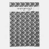 あなたの名前-ダマスク織、オーナメント、渦巻きます-黒 キッチンタオル (縦)