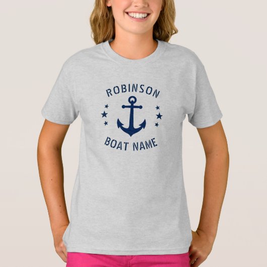 あなたの名前&ボートヴィンテージいかりスターズブルー&グレー Tシャツ (正面)
