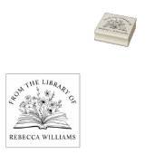「あなたの名前」図書館より 開いた本と花のウッドスタンプ ラバースタンプ (押印)