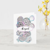 あなたの名前、抽象芸術ドードルアート、ピンクとブルー カード (黄色い花)