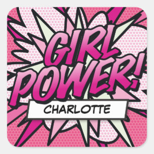 あなたの名前 GIRL POWER 楽しいレトロ漫画 ポップアート スクエアシール