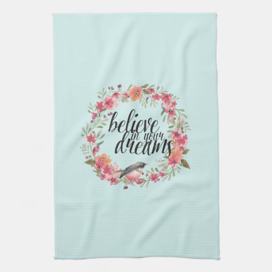 あなたの夢信じの中でシックなミントバードピンクのフローラ キッチンタオル (縦)