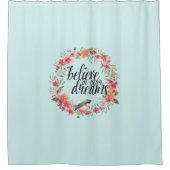 あなたの夢信じの中でシックなミントバードピンクのフローラ シャワーカーテン (正面)