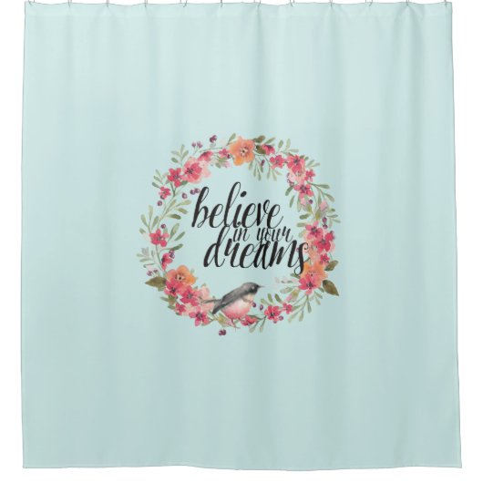 あなたの夢信じの中でシックなミントバードピンクのフローラ シャワーカーテン (正面)