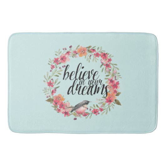 あなたの夢信じの中でシックなミントバードピンクのフローラ バスマット (正面)