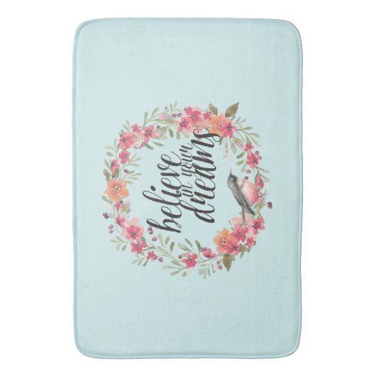 あなたの夢信じの中でシックなミントバードピンクのフローラ バスマット (正面縦)