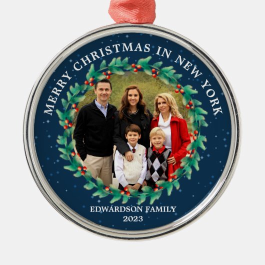 あなたの家の場所の写真でメリークリスマス メタルオーナメント (正面)