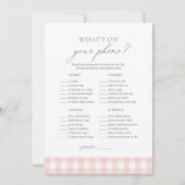 あなたの携帯に何が入っている? ピンクのギンガム ベビーシャワー ゲーム 招待状 (正面)