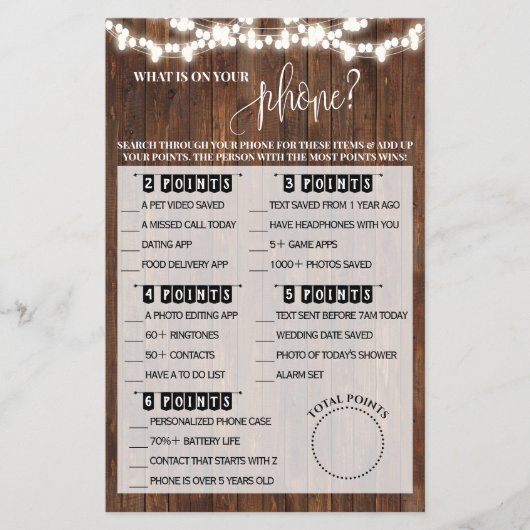 あなたの携帯電話には何が入っていますか？ ウェスタンスタイルのブライダルシャワーゲーム チラシ (正面)