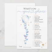 あなたの携帯電話には何が入っていますか 青い風船のベビーシャワーゲーム 招待状 (正面/裏面)