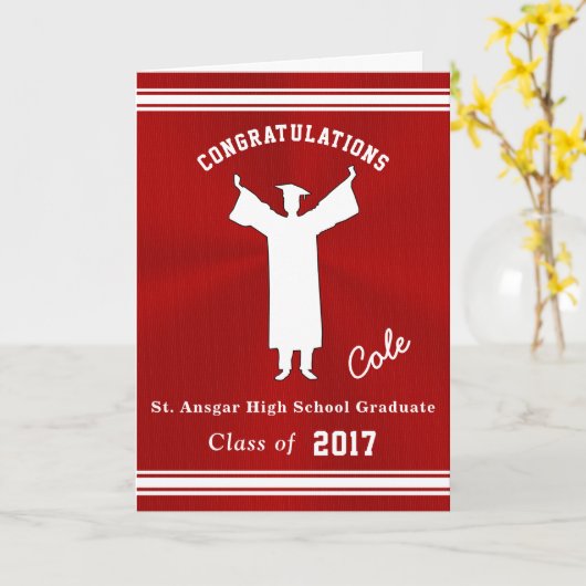 あなたの文字が付いている赤と白の卒業カード カード (黄色い花)