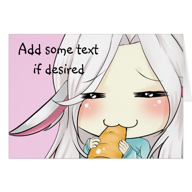 あなたの文字のためのバニーの耳のチビ（小さくかわいく書いた感じ）カードを持つかわいい女の子 (正面横)