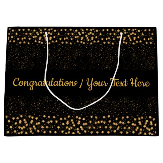 あなたの文字の黒か金ゴールドの星ライト輝きのおめでとう ラージペーパーバッグ (正面)