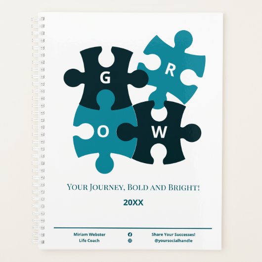 あなたの旅と明はっきりしたるいティール（緑がかった色）ライフコーチ プランナー手帳 (正面)